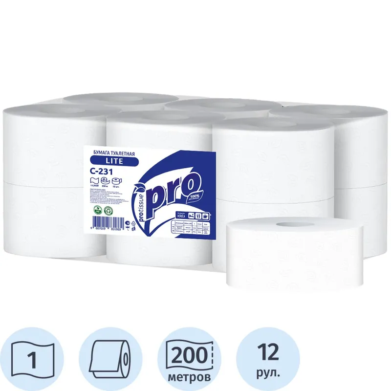 Бумага туалетная д/дисп Protissue 1сл 12рул 200м С231_КЗН
