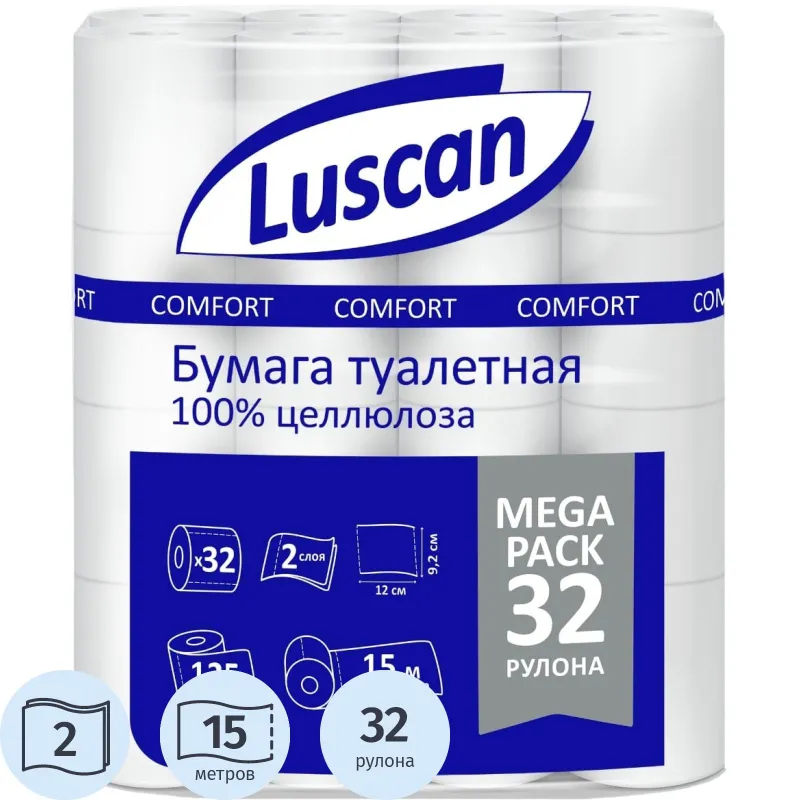 Бумага туалетная Luscan Comfort Megapack 2слбел цел15м125л 32рул/уп_КЗН_ЧЛБ