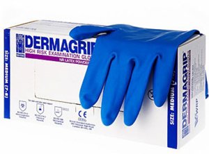 Перчатки смотровые нестерильные сверхпрочные латекс синие Hign Risk Dermagrip powder free S 