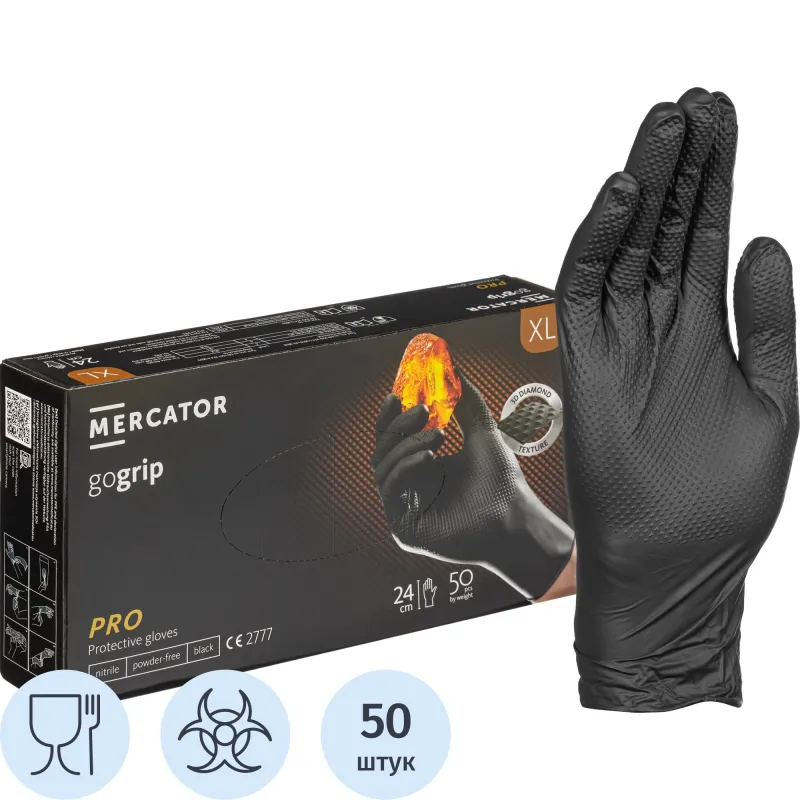 Перчатки одноразовые нитрил GOGRIP BLACK цв.черный (25пар/уп) р.XL,ПС