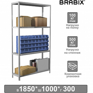 Стеллаж металлический BRABIX "MS KD-185/30-4", 1850х1000х300 мм, 4 полки, сборная стойка, 291114, S2