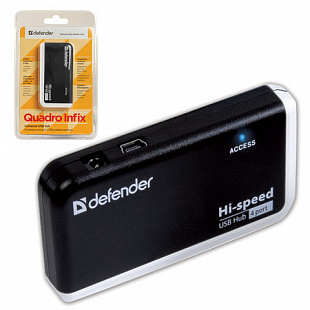 Хаб DEFENDER QUADRO INFIX, USB 2.0, 4 порта, порт для питания